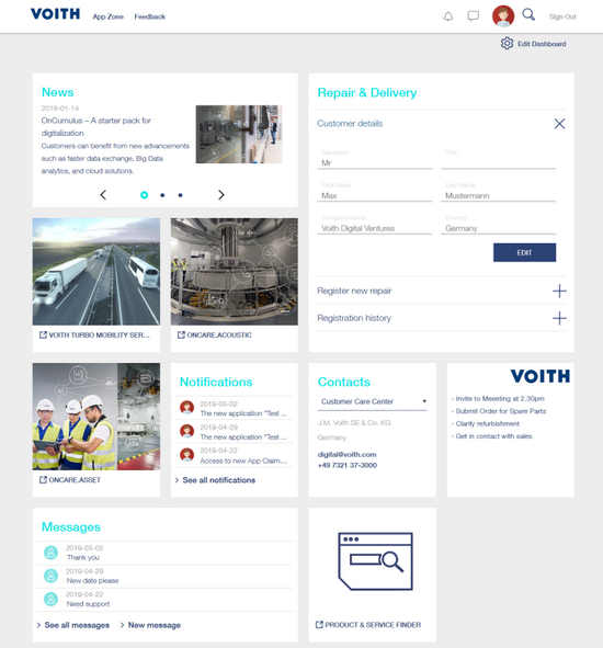 The dashboard of MyVoith is easy to use and offers the ability for personalization.