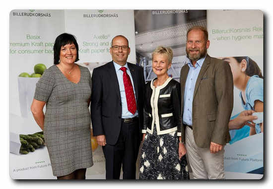 From left to right: Petra Einarsson President and CEO BillerudKorsnäs, Carl Fredrik Graf acceding Governor of Östergötland County, Elisabeth Nilsson , retiring Governor of Östergötland County and Håkan Krantz Manager of Skärblacka Production Plant.