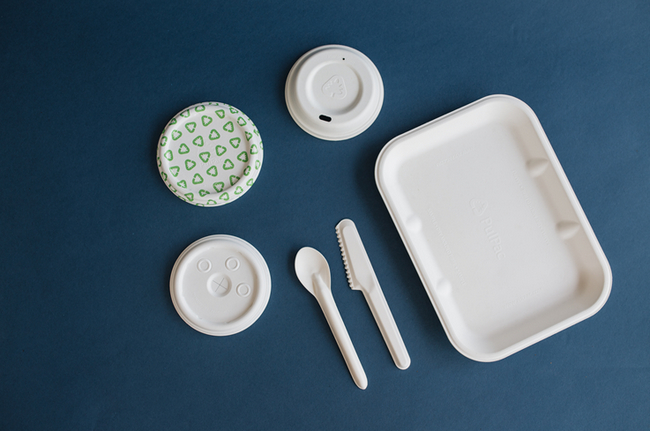 Cup lids, trays, and cutlery made using the Dry Molded Fiber technology.
